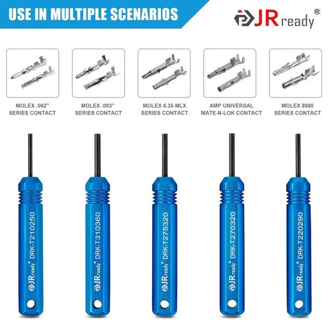 Pro Grade Pin Extractor Tool Kit For JST AMP And Molex Connectors.062 And.093 Inch, 5 blue tube type pin extractors displayed