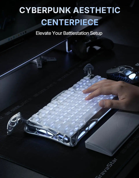 75 Percent Compact Wireless Mechanical Gaming Keyboard Featuring Hot Swap Switches Ridiculously Solid Aluminum Frame Sleek Skeleton Design on a desk.