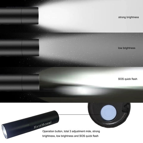 Rechargeable Mini LED Flashlights Set Of 6 High Brightness 1200 Lumens XPE With 3 Modes Zoomable Waterproof Aluminum Body USB Charging Cable For Camping Hiking Riding And Outdoor Adventures showing brightness modes