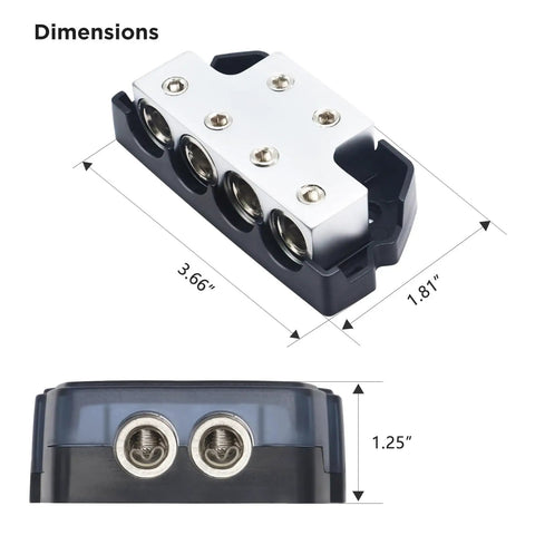 Dimensions of Beefy Six Way Power Distribution Block For Car Audio Grounding With Forged Brass Construction Marine Grade Satin Chrome Finish Two In And Four Out From Gauges 0 2 4 In And 0 2 4 Out High Temperature Polycarbonate Base For Maximum Power Transfer, 3.66 x 1.81 x 1.25 in