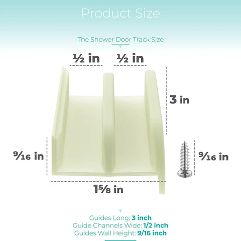 Heavy Duty Sliding Shower Door Bottom Guide With Mounting Screws For Top Hung Glass Doors And Tub Enclosures Sweet Glide Fix Foolproof Setup Includes Full Hardware Two Piece Home Bundle size measurements for guide track 3 inches long, 1/2 inch wide.