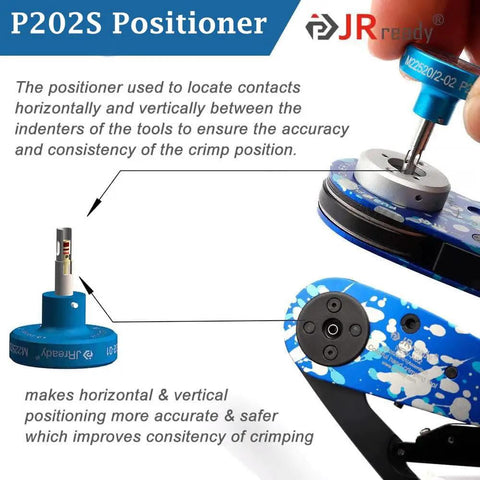 JRready P202S Crimping Insert Positioner For 20 Gall Mil Standard Contacts showing precise alignment for accurate crimping in tools.
