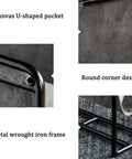 Heavy Duty Iron Magazine Rack With Durable Canvas Pockets Solid Floor Standing Organizer Built Tough showing U-shaped pocket and metal frame.