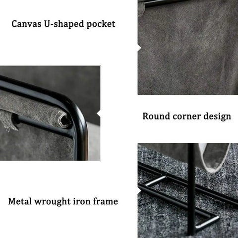 Heavy Duty Iron Magazine Rack With Durable Canvas Pockets Solid Floor Standing Organizer Built Tough showing U-shaped pocket and metal frame.