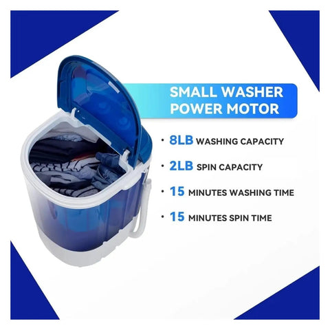 Portable Mini Washing Machine Semi Automatic Compact Washer Spinner showing 8lb washing capacity and 2lb spin capacity.