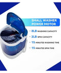 Space Saving Semi Automatic Portable Mini Washing Machine With Spin Dry Cycle For Cramped College Dorms And Studio Apartments showing 8lb washer and 2lb spin capacity.