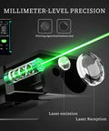 Hella Sharp Green Laser Distance Meter Hardcore Long Range Measuring Tool For Outdoor And Indoor Jobs Featuring Area Volume Calculations And Dead On Millimeter Accuracy showing laser emission and reception components.
