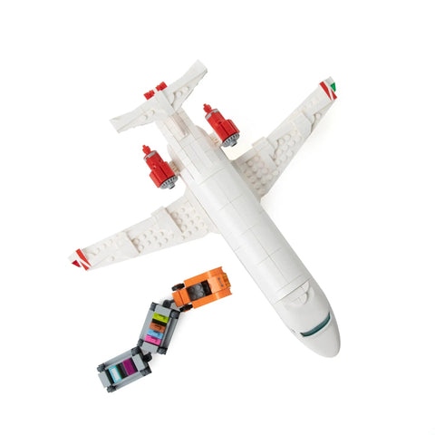 Airplane Building Block Set With 633 Pieces For Kids And Adults, top view with baggage carrier and detailed engine components.
