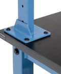 Close-up of Hardcore Heavy Duty Workbench 60X36 Inches with adjustable steel legs and phenolic resin edge in blue.