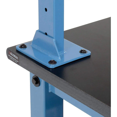 Close-up of Hardcore Heavy Duty Workbench 60X36 Inches with adjustable steel legs and phenolic resin edge in blue.
