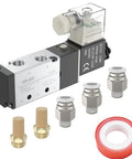 4V210-08 5/2 Way Pneumatic Solenoid Valve, 12V DC Single Solenoid Pilot Operated, with fittings and Teflon tape, G1/4 inlet outlet, G1/8 exhaust