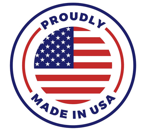 USA flag emblem with text 'Proudly Made in USA' for Four Inch Gate Extender For Baby Gates Extends Pressure Mounted Gates By Four Inches Protects Walls And Baseboards Stabilizes Gate On Stairs For Kids Pets And Dogs Made In USA Four Pack Black