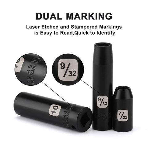 Dual marking on sockets from 50 Piece 1 Quarter Inch Drive Master Heavy Duty Impact Socket Set For SAE And Metric Deep And Shallow 6 Point CR-V Sockets
