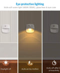 Indoor Motion Sensor Light Upgraded Battery Powered LED Night Light With PIR Sensor No Wires Stick On Hallway Lamp For Bathroom Kitchen Stairs Under Cabinet Closet Warm White 6 Pack showing light modes: daylight off, auto-on by motion, auto-off after 20s.
