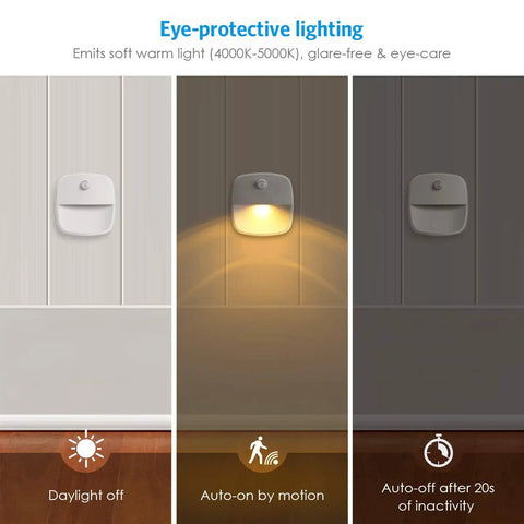 Indoor Motion Sensor Light Upgraded Battery Powered LED Night Light With PIR Sensor No Wires Stick On Hallway Lamp For Bathroom Kitchen Stairs Under Cabinet Closet Warm White 6 Pack showing light modes: daylight off, auto-on by motion, auto-off after 20s.