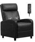 Massage Recliner Chair For Your Living Room Adjustable PU Leather With Footrest Ergonomic Home Theater Seating For Adults Black Leather With Built In Massage Function For Full Back And Leg Relaxation. Front angle view with remote control.