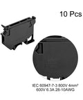 10-piece set of DIN Rail Mount Screw Type Fuse Holder Terminal Block Black UK5, side and close-up views, for electrical systems.