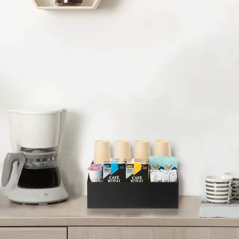 Acrylic Coffee Station Organizer for Countertops and Coffee Bars with 4 Compartments for Coffee Pods Tea Bags Sugar Stirrers Straws Cups Black Finish Durable Waterproof Easy to Clean and Keeps Your Counter Looking Neat and Ready on kitchen counter.