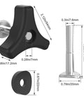 Heavy Duty 6 Pack Lawn Mower Handle Knobs Replacement Kit With Ergonomic Grips showing black knobs, steel bolts, and dimensions for assembly.