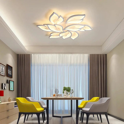 Modern LED Ceiling Light Dimmable Flower Petal Flush Mount Fixture Nine Head White Acrylic Petals 70W Chandelier in dining room