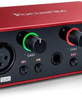 Scarlett Solo 3rd Gen USB Audio Interface in red with control knobs and input ports for home studio recording setup.