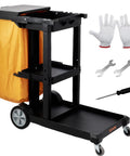 Three Shelf Cleaning Cart That Packs 200 Lb Capacity, 25 Gallon PVC Bag And Cover, Heavy Duty Janitorial Cart Built For The Hustle