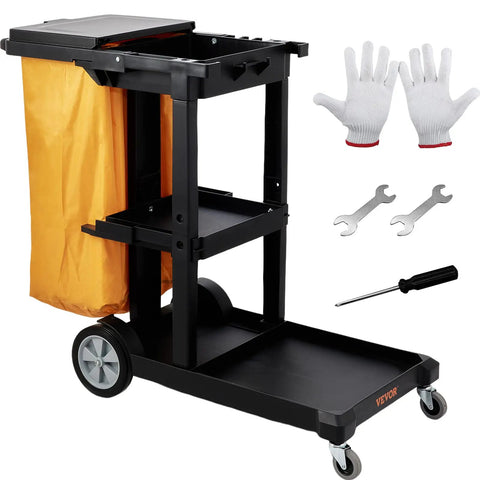 Three Shelf Cleaning Cart That Packs 200 Lb Capacity, 25 Gallon PVC Bag And Cover, Heavy Duty Janitorial Cart Built For The Hustle