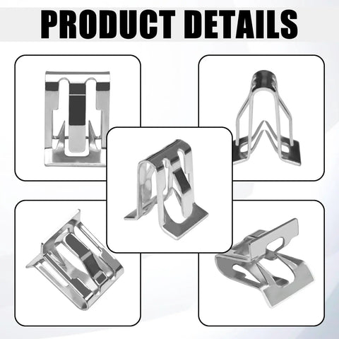 Boss Level 15 Piece U Shaped Steel Dash Console Trim Retainer Clips images showcasing different angles and designs of the clips.