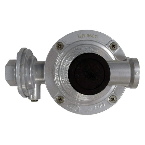 Fairview GR-968C compact two-stage propane regulator, silver metal body, front view with side inlet/outlet ports