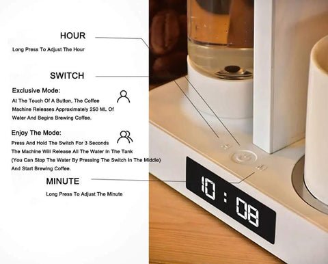 Close-up of Automatic Coffee Machine With Detachable Water Tank That Doubles As A Drinking Cup One Touch Operation Auto Shutoff