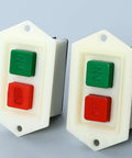 Heavy Duty Push Button Switch 380V With Lockable Transparent Cover Flush Mount For Machinery And Power Tool Control Panels Built For Tough Jobs, Industrial Grade, Easy Maintenance Access, Secure Lockout. Two flush-mount plastic switch panels with green ON and red OFF buttons.