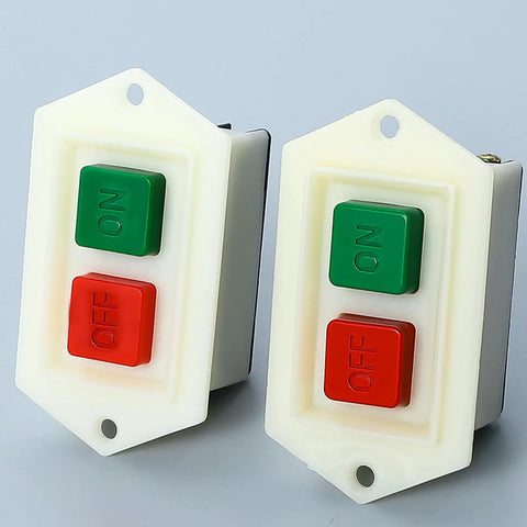 Heavy Duty Push Button Switch 380V With Lockable Transparent Cover Flush Mount For Machinery And Power Tool Control Panels Built For Tough Jobs, Industrial Grade, Easy Maintenance Access, Secure Lockout. Two flush-mount plastic switch panels with green ON and red OFF buttons.