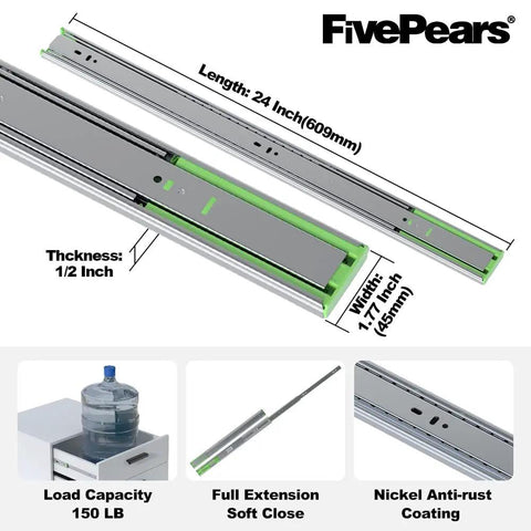 24 Inch Hardcore Heavy Duty Soft Close Drawer Slides Full Extension Ball Bearing Side Mount Runners 150 LB Capacity dimensions and features.
