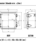 Dimensions of IP67 Waterproof ABS Plastic Junction Box With Clear Hinged Cover And Stainless Steel Latch, 150x150x90mm.