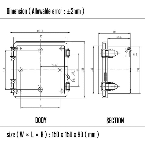 Dimensions of IP67 Waterproof ABS Plastic Junction Box With Clear Hinged Cover And Stainless Steel Latch, 150x150x90mm.