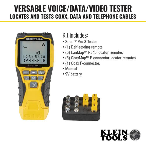 Versatile On The Go Cable Tester Kit With Scout Pro 3 For Ethernet Data Coax Video And Phone Cables Plus Five Locator Remotes Starter Edition Built For Quick Field Testing Clear Results And Extended Cable Length Measurement, showing tester and remotes.