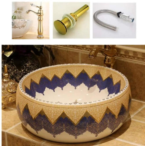 Knockout Round Ceramic Vessel Sink With A Dope Sprayed Enamel Finish Solid Pick For Countertop Setup Perfect Mediterranean Bathroom Washbasin design with gold and blue patterns.