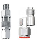 Two Pack Airless Spray Gun Swivels One Quarter Inch 360 Degree Swivel And Seven Eighths Inch 180 Degree Joint Stainless Steel High Pressure Sprayer Connector For Paint Hoses Compatible With 235486 Part Durable And Easy Connect, shown with 360° and 180° fittings