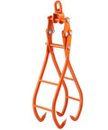 Front view of orange 4-claw log grapple with swiveling top hook; steel construction
