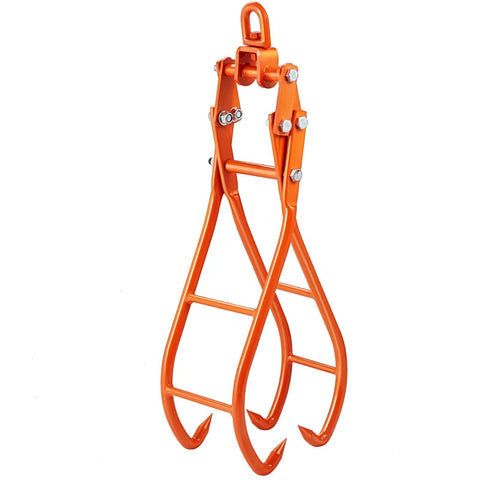 Front view of orange 4-claw log grapple with swiveling top hook; steel construction