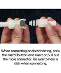 BBTUS inline plastic hose barb quick connector, white, 1 male + 1 female halves shown, separated