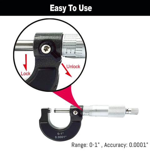 Outside Micrometer 0 To 1 Inch With Ratchet Stop And Lock Nut 0.0001 Inch Precision Machinist Tool with close-up lock detail