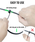 Hands demonstrating self-locking design of Heavy Duty 12 Inch Zip Ties 1000 Pack Black Self Locking Nylon Cable Ties For Indoor And Outdoor Use Up To 50 Lb Tensile Strength UV Resistant 0.19 Inch Wide Weatherproof Ties For Home Garage And Workshop