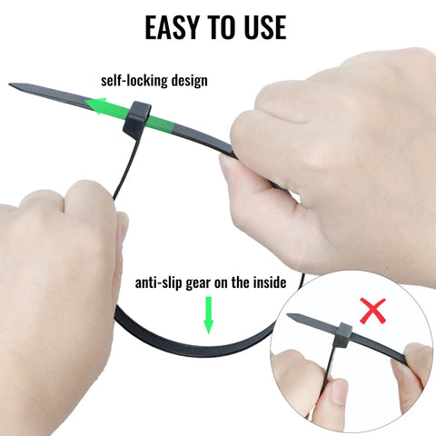 Hands demonstrating self-locking design of Heavy Duty 12 Inch Zip Ties 1000 Pack Black Self Locking Nylon Cable Ties For Indoor And Outdoor Use Up To 50 Lb Tensile Strength UV Resistant 0.19 Inch Wide Weatherproof Ties For Home Garage And Workshop