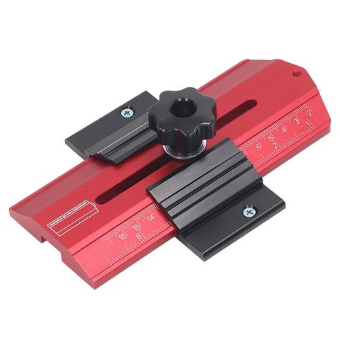 Heavy Duty Aluminum Table Saw Jig For Precision Woodworking Fence Fixture Featuring Clear Measurement Scales And Slick Turn Knobs, detail view.