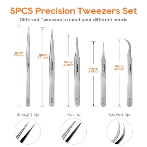 Curved Precision Tweezers Set 5 Pieces Stainless Steel Non Magnetic Heat Resistant For Jewelry Making Electronics Craft