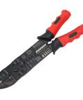 Multi Function Terminal Crimping Tool with Stripper and Wire Cutter, red ergonomic handles, carbon steel blades, heavy duty build