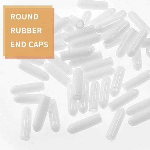 Fifty Pack White Rubber Screw Thread End Caps For Top Notch Floor Protection. Round soft rubber plugs in various angles.
