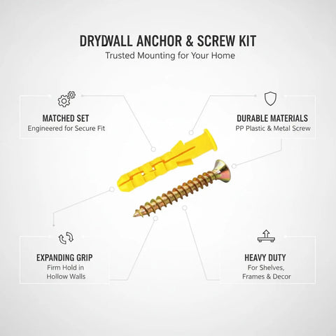 Drywall Anchors And Screws Set With Yellow Plastic Expansion Plugs For Hollow Walls close-up with features highlighted