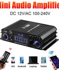 4 Channel Bluetooth 5.0 HiFi Power Amplifier With 50W Per Channel And 1200W Max For Home Theater Karaoke And Car Audio USB SD FM Receiver Class D With Remote And Power Adapter, showing mini audio amplifier with inputs and controls.